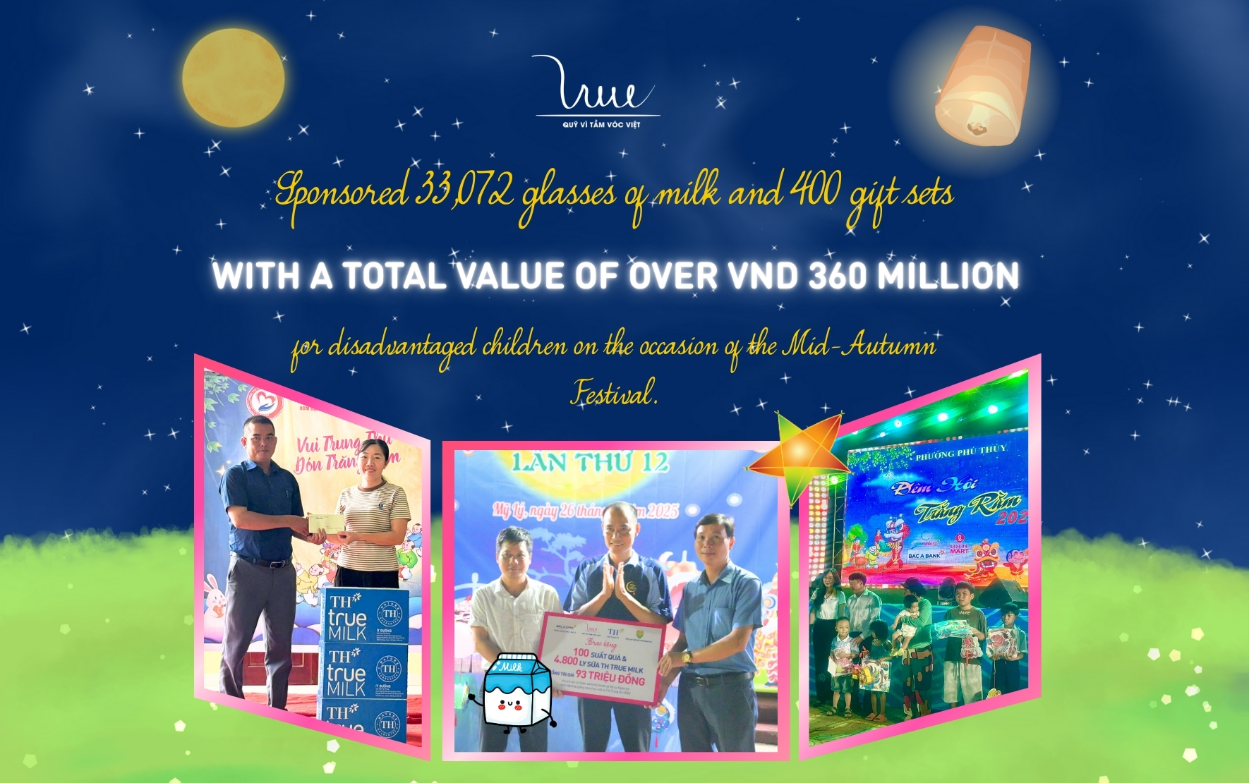 Donating 33,072 glasses of TH true MILK and 400 gifts, totaling over 360 million VND, to disadvantaged children nationwide