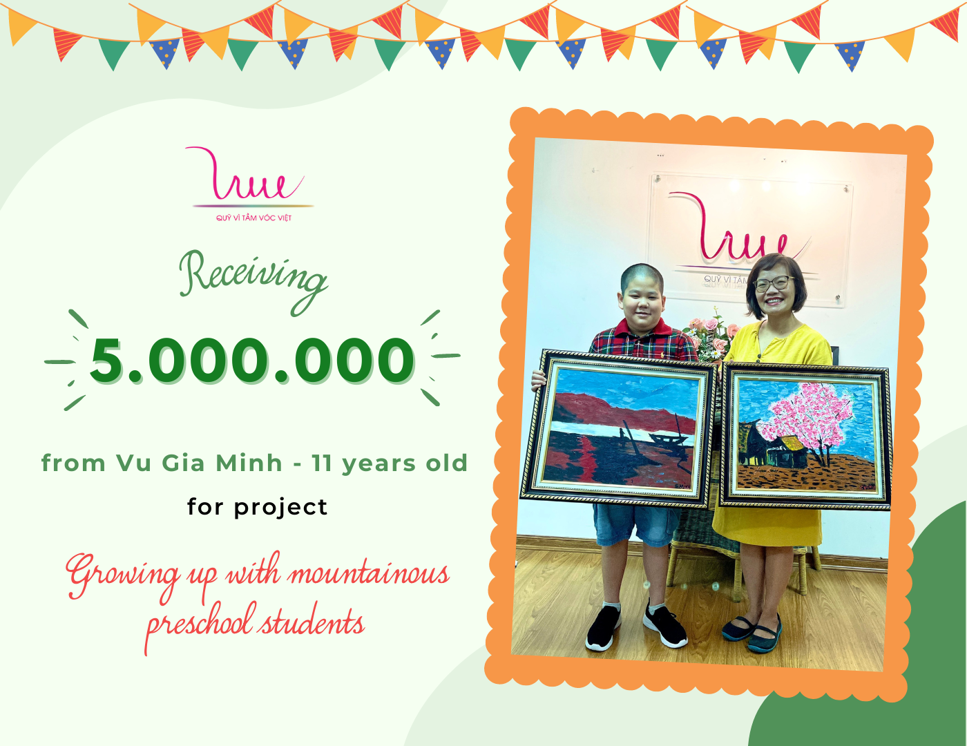 Receiving 5 million VND from Vu Gia Minh for the project “Growing up with mountainous preschool students”