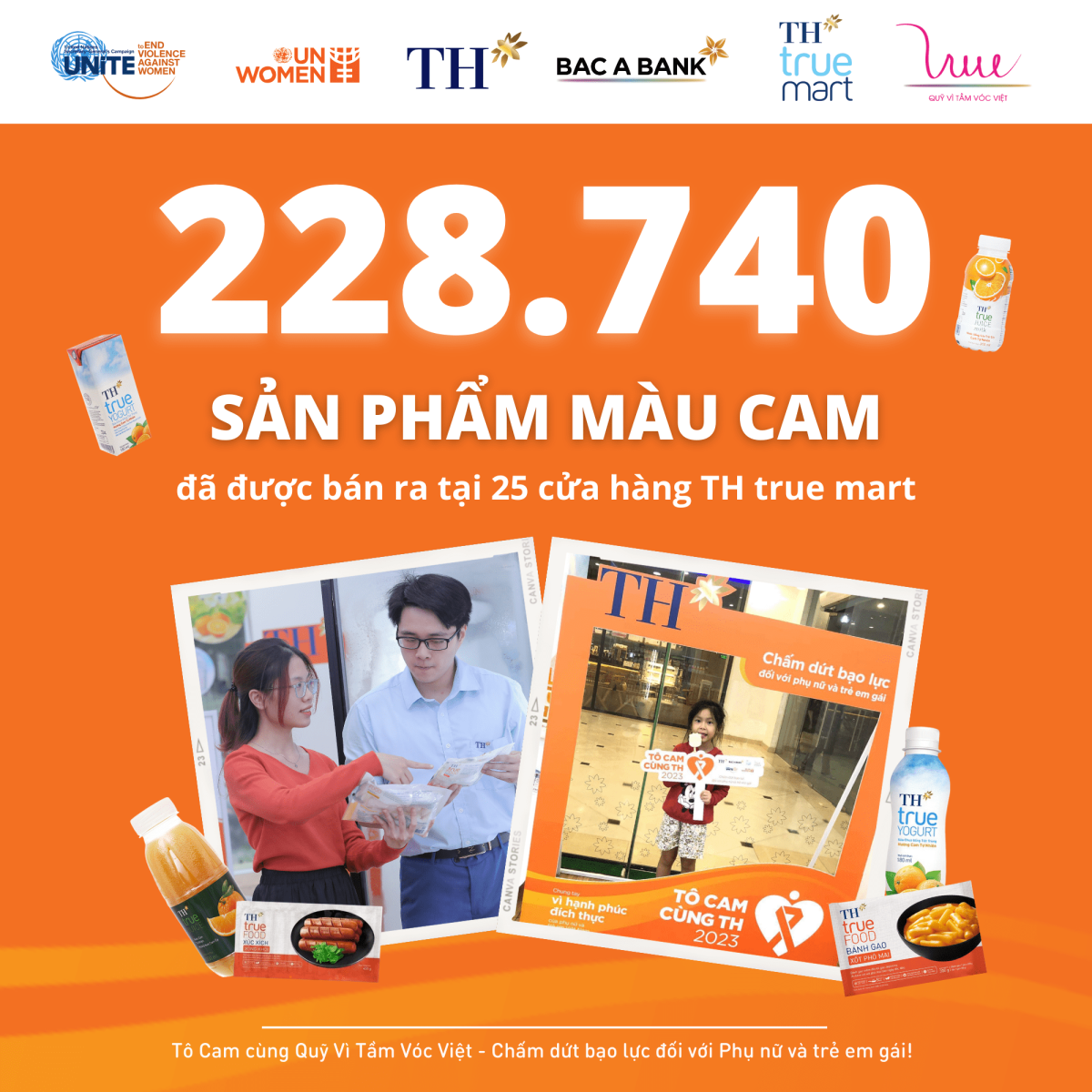 228.740 sản phẩm màu cam đã được bán ra tại TH true mart nhằm hưởng ứng Chiến dịch “Tô Cam 2023 - Chấm dứt bạo lực đối với phụ nữ và trẻ em gái”!