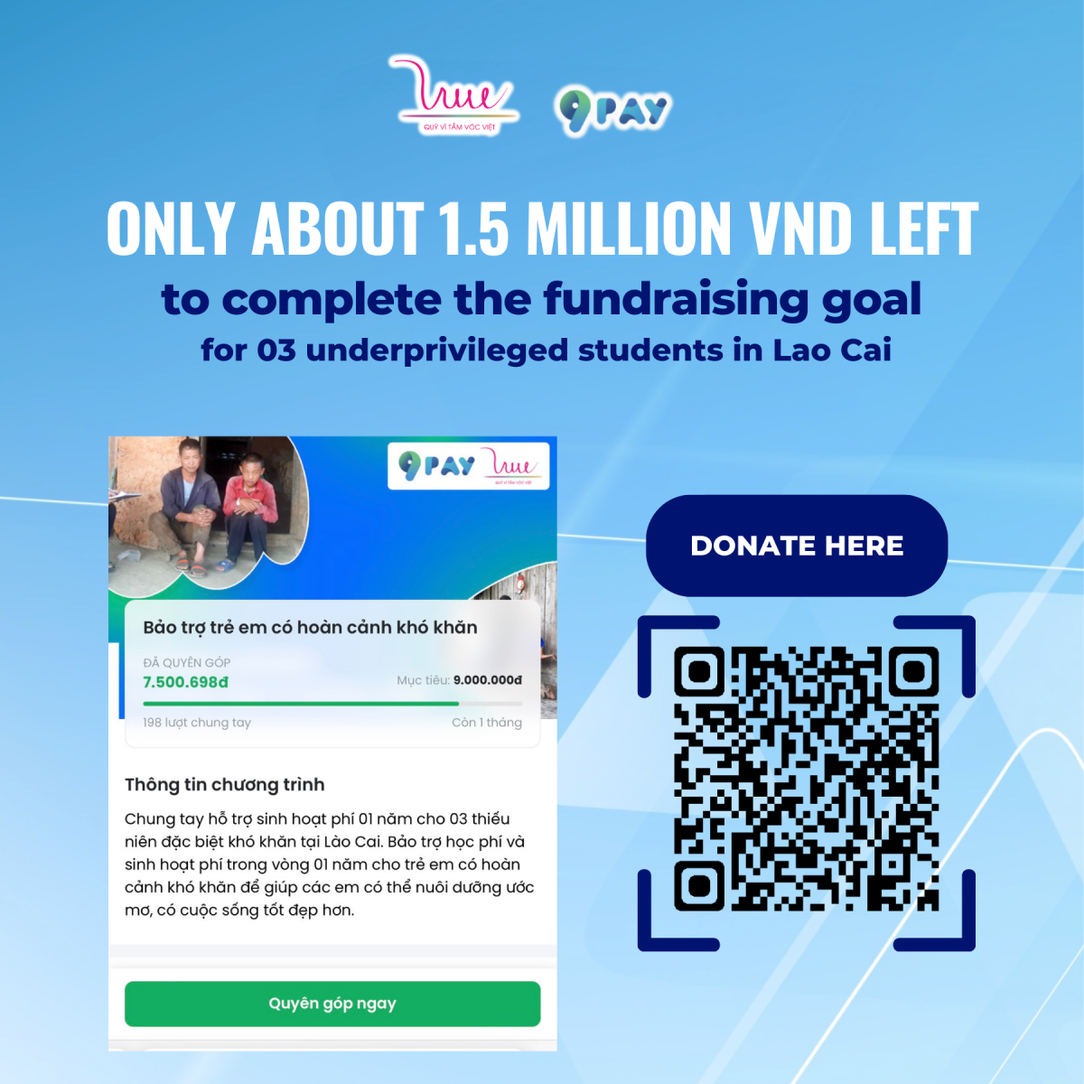 Only about 1.5 million VND left to complete the fundraising goal for 03 underprivileged students in Lao Cai