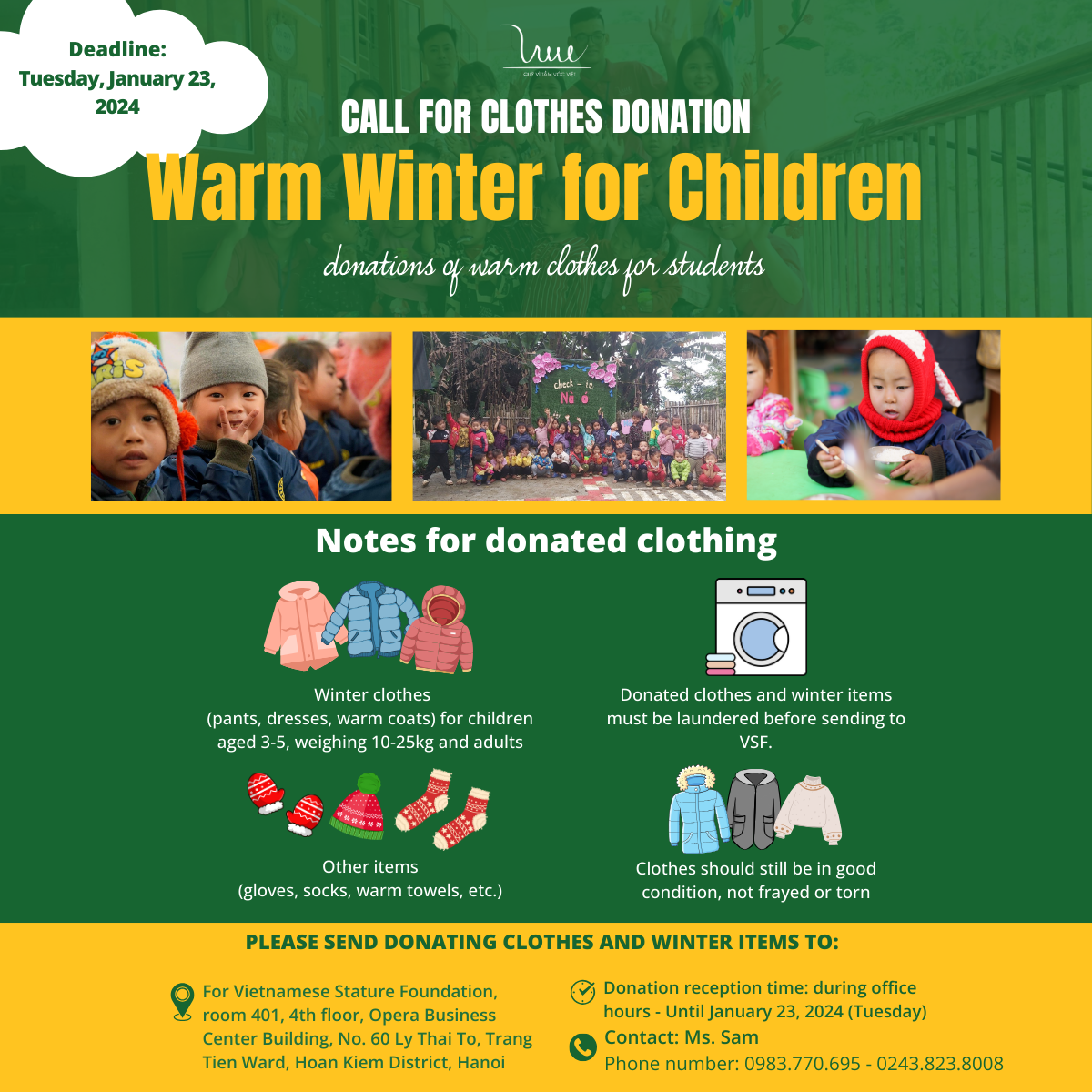 Call for clothes donation for children in mountainous areas - Deadline: Tuesday, January 23, 2024