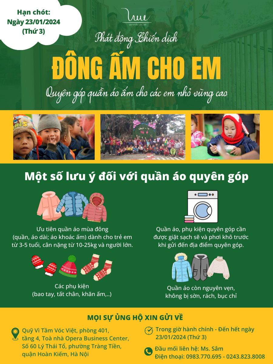 Kêu gọi quyên góp quần áo ấm cho các em nhỏ vùng cao - Thời gian nhận quyên góp: Đến hết Thứ 3, ngày 23/01/2024